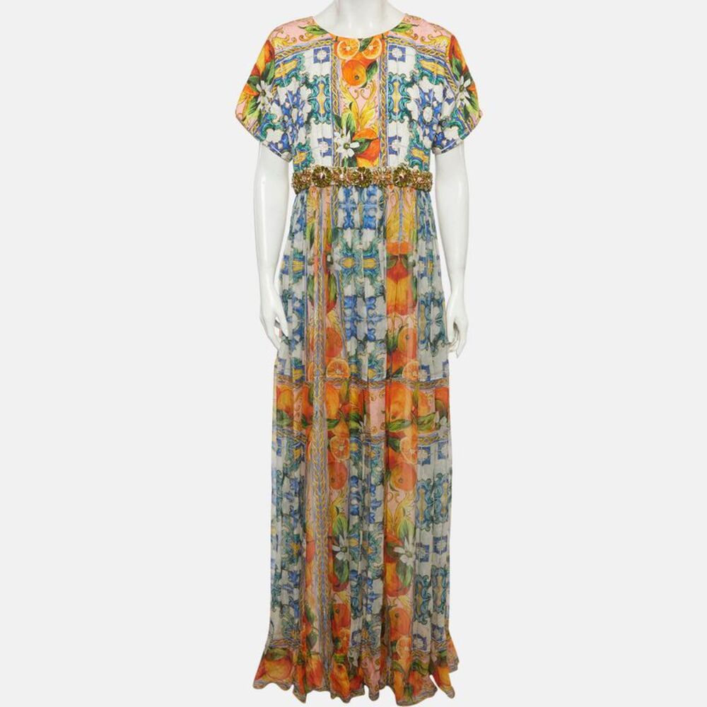 Dolce And Gabbana Multicolour Majolica Print Silk Embellished Maxi Dress L - Picture 2 of 7